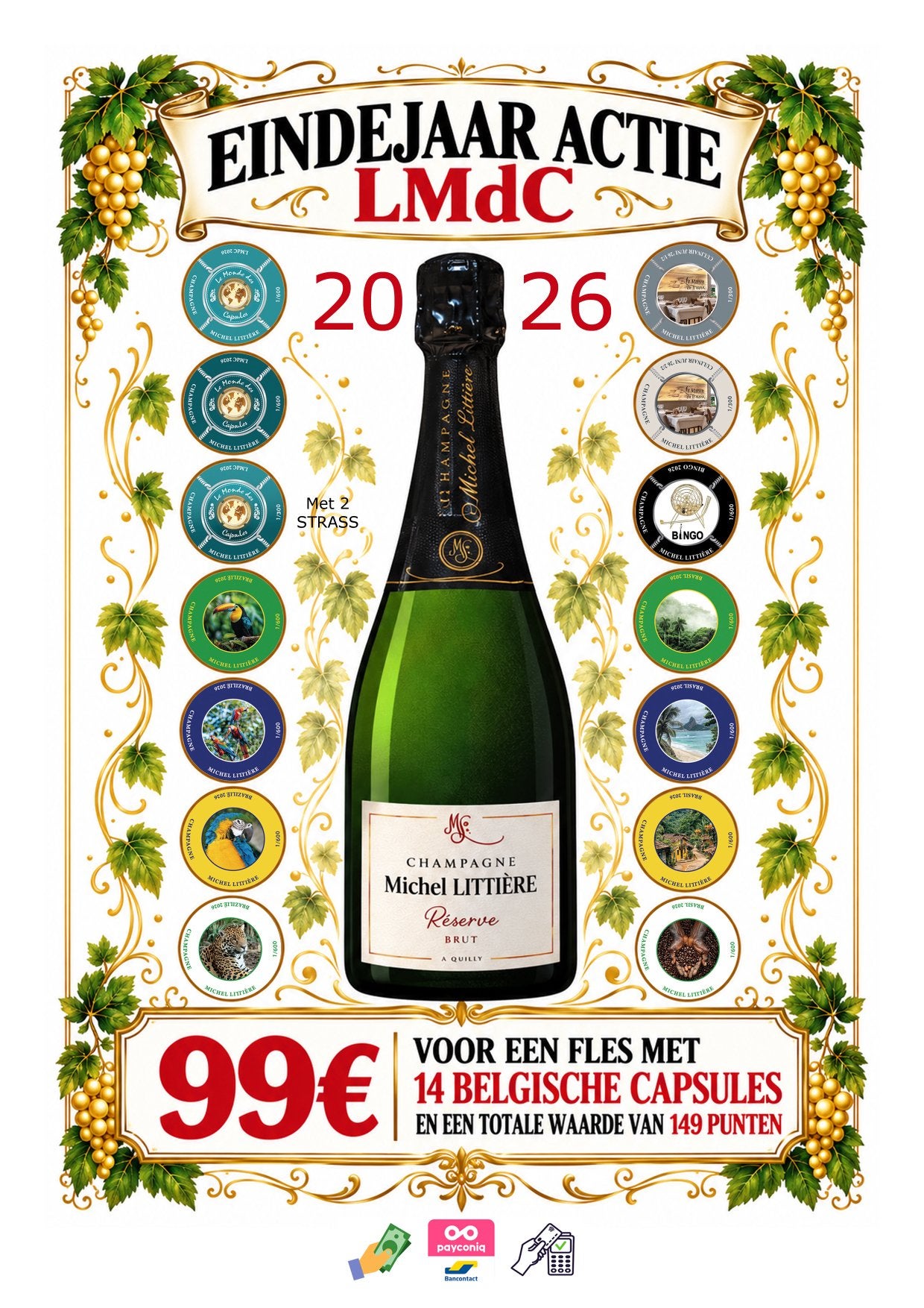 Champagne Michel Littiére met 14 Belgische capsules 2026, Enlèvement ou Envoi, Comme neuf, Champagne