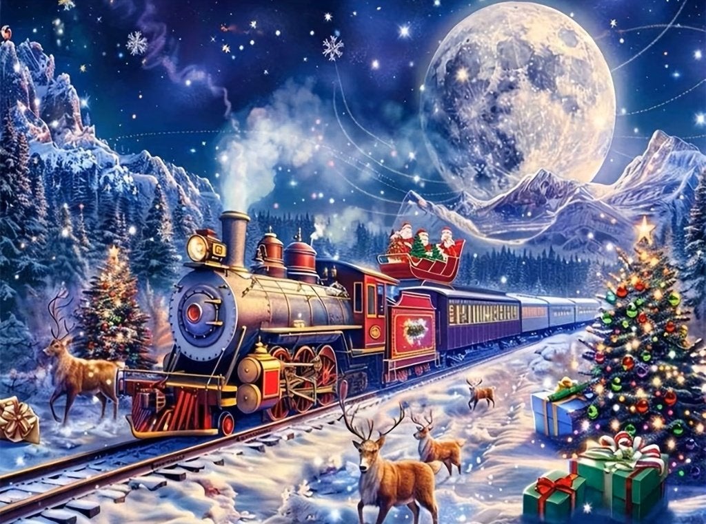 Peinture au diamant, 50 x 40 cm, train de rennes de Noël, Enlèvement ou Envoi, Neuf, Kerstmis, Diamond painting