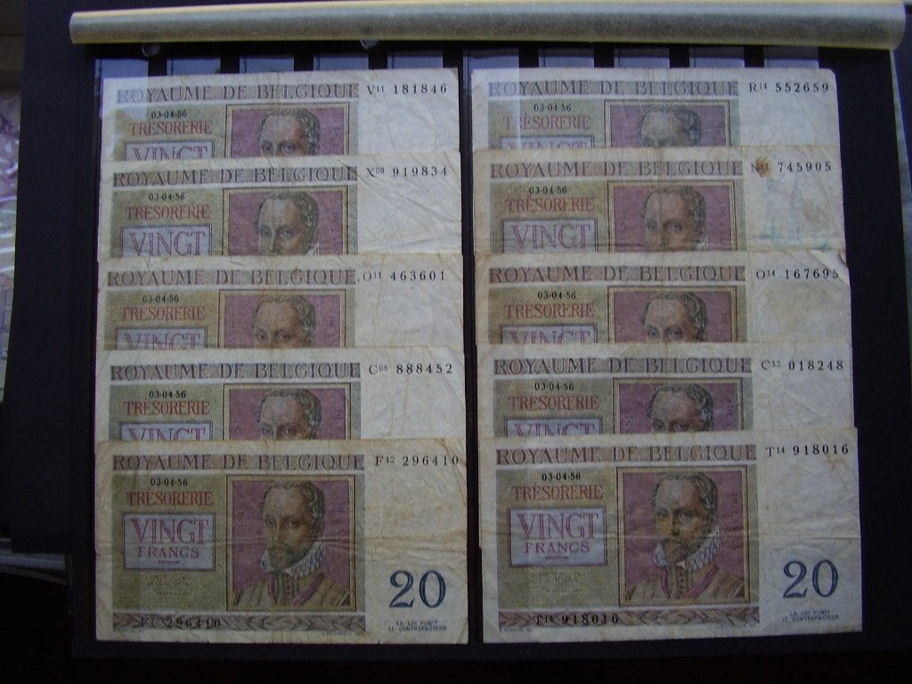België - 20 Frank - uitgifte 03-04-56 - Lot van 10 biljetten, Postzegels en Munten, Munten en Bankbiljetten | Verzamelingen, Ophalen of Verzenden