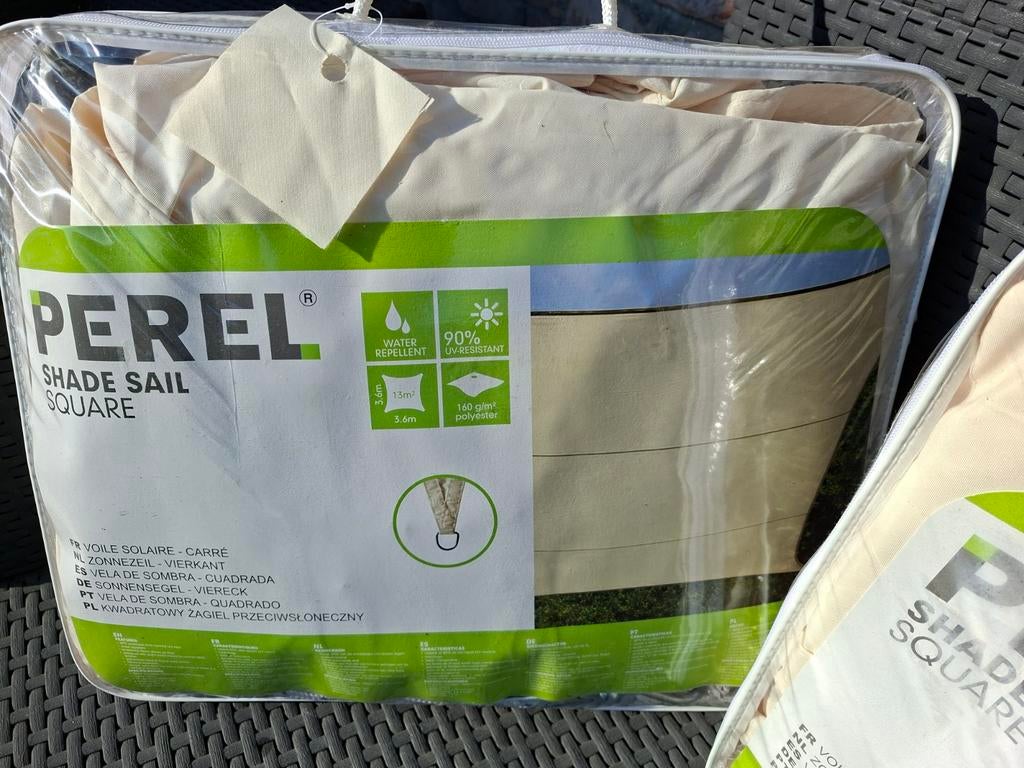 Perel schaduwdoeken, beige, 3,6 x 3,6 m en toebehoren, Tuin en Terras, Ophalen