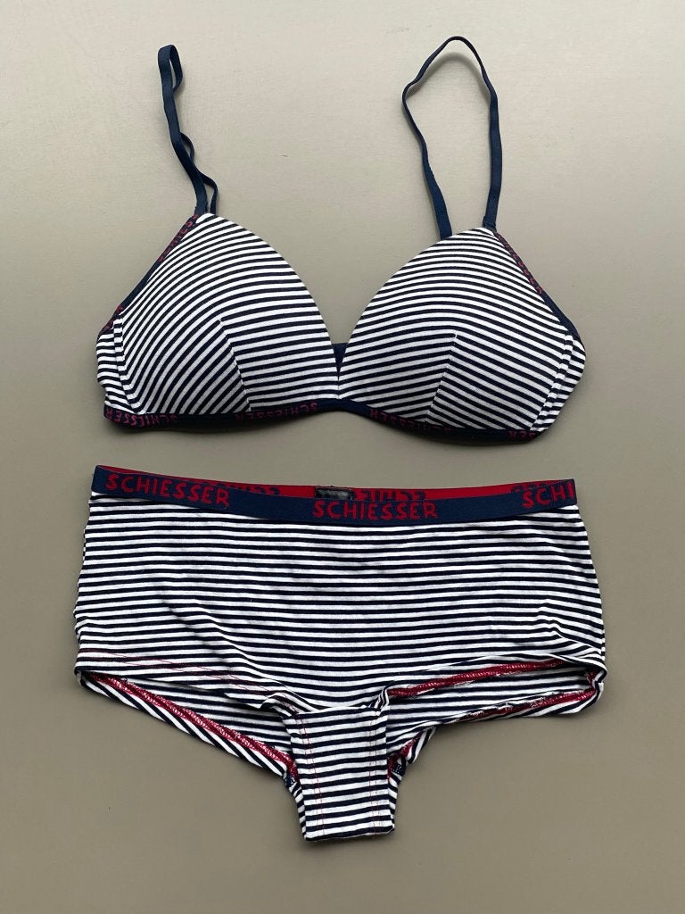Ensemble de soutien-gorge et slip bleu/blanc Schiesser New, Neuf, Enlèvement ou Envoi, Vêtements de nuit ou Sous-vêtements, Schiesser