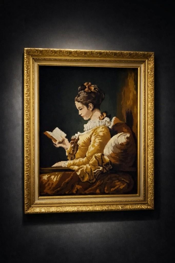 Canevas - Gobelin - Tapisserie - La Liseuse de Fragonard, Enlèvement, Utilisé, Jaune, Tableau