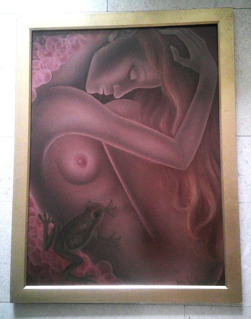 Surréaliste - nu avec grenouille - Katelijne v. Oudenaarde, Portrait ou Personnes, Enlèvement ou Envoi, Peinture à l'huile, Panneau