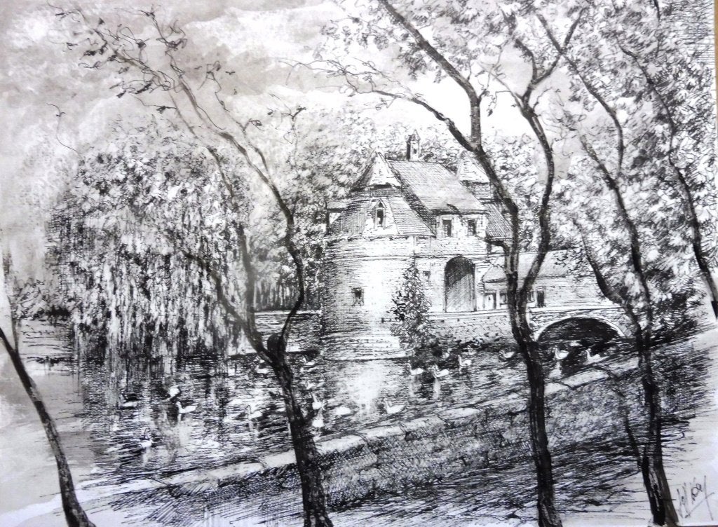 Dessin original encre de chine "Bruges" 24x32cm, Envoi, Dessin, Dessin à la plume, Signé