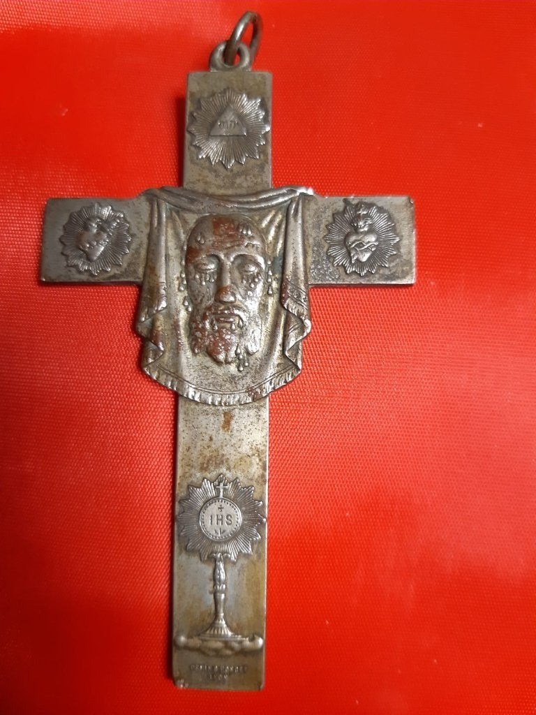 Pendentif visage Christ sur voile Ste Véronique - plaqué agt, Enlèvement ou Envoi