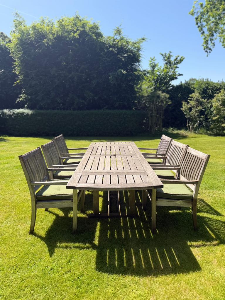 Gloster tuinset teakhout met 6 stoelen inclusief kussens, Tuin en Terras, Ophalen, Gebruikt, Eettafel, 6 zitplaatsen