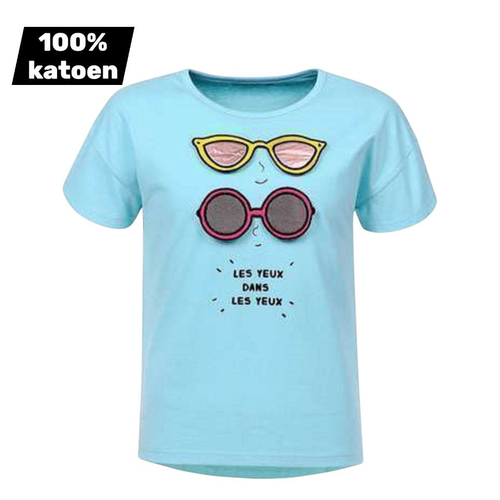 T-shirt 100 % coton bleu lunettes de soleil 104, Enlèvement ou Envoi, Neuf, Fille, Chemise ou À manches longues