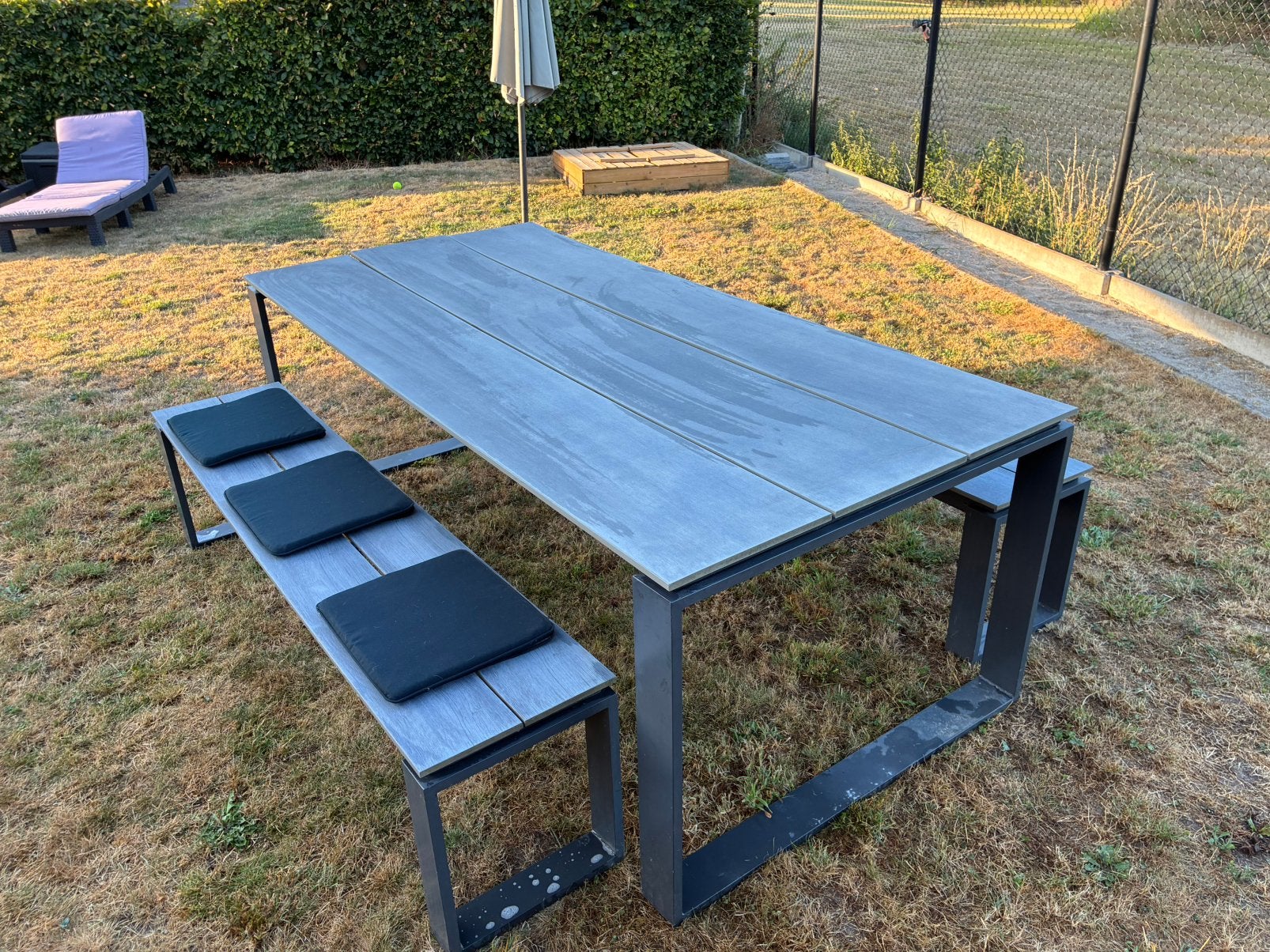 Garden Plus aluminium tuinset 210  100 cm met 2 banken, Tuin en Terras, Tuintafels, Gebruikt, Rechthoekig, Aluminium, Ophalen