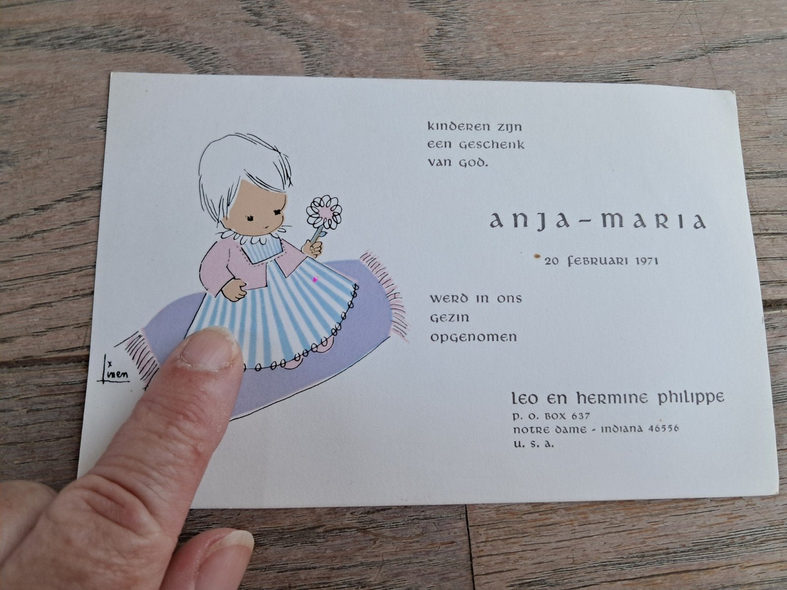 Carte de naissance rétro 1971 USA : Anja-Maria Philippe, Pa, Collections, Cartes de naissance & Cartes de visite, Enlèvement ou Envoi
