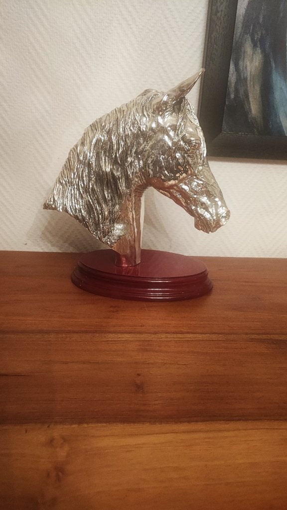 Tête de cheval vintage en métal argenté sur socle en bois, Enlèvement ou Envoi