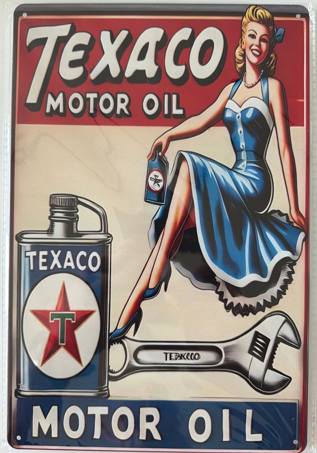 Panneau en métal rétro Texaco Motor Oil 4 pour homme, Enlèvement ou Envoi, Comme neuf, Panneau publicitaire