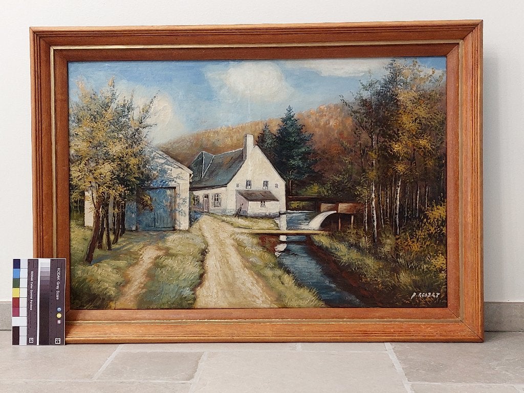 Grand paysage de campagne avec cadre en bois., Daté, Peinture à l'huile, Paysage, Enlèvement