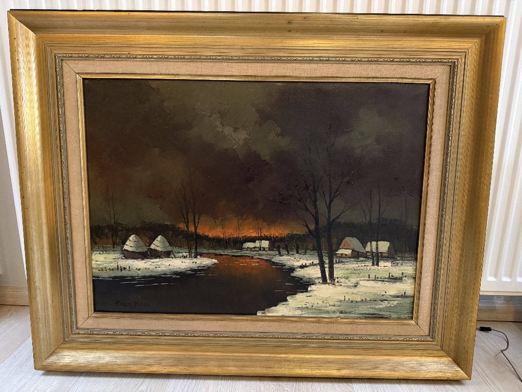 Schilderij Piet Mees - Onweer en rode gloed bij de rivier, Antiek en Kunst, Ophalen