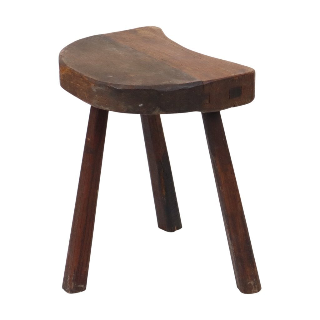Rustieke Houten Driepoot Melkkruk Wabi Sabi Frankrijk 43cm, Ophalen of Verzenden