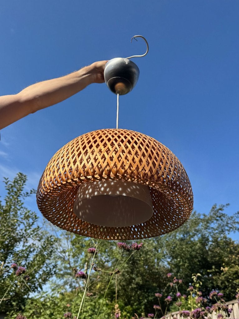 Gevlochten rotan/bamboe hanglamp – natuurlijke boho stijl, Enlèvement ou Envoi, Verre, Gevlochten rotan/bamboe, E27 (grand)