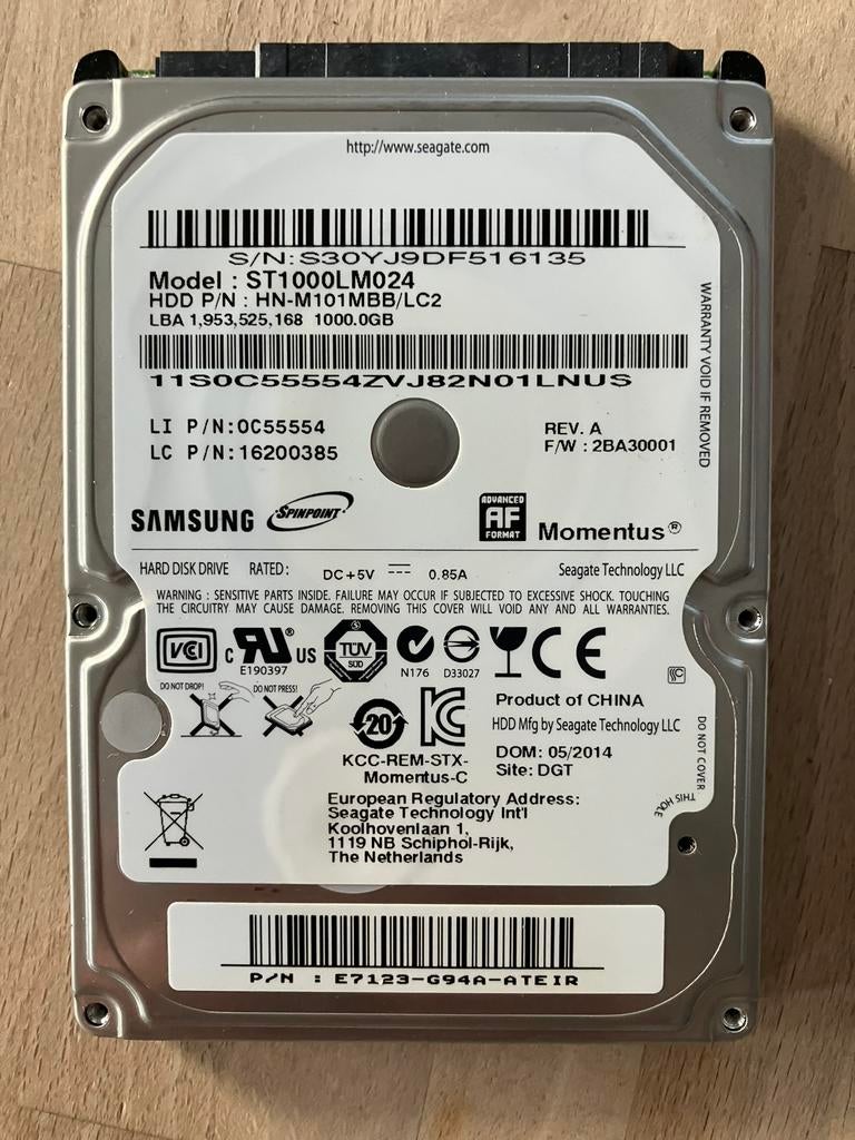 HDD 1TB, Computers en Software, Harde schijven, Ophalen of Verzenden, Zo goed als nieuw, 1TB, SATA