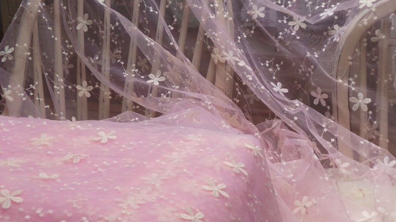 Promo! 5983) 2,5 meter harde tule kant broderie bloem roze, 120 cm of meer, Ophalen of Verzenden, Roze, Kant