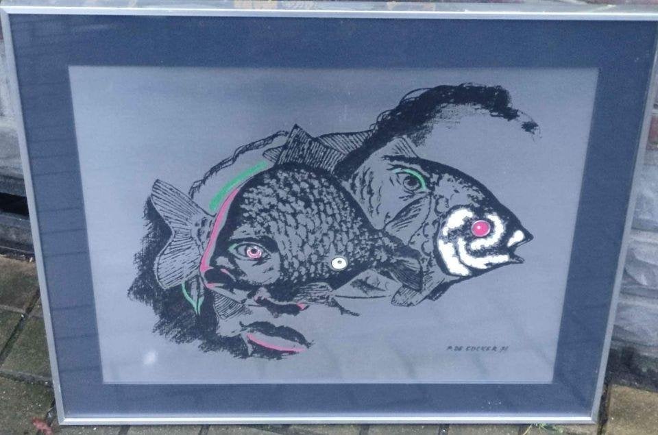 Technique mixte poisson signe Paul de cocker, Ophalen, Gemengde techniek