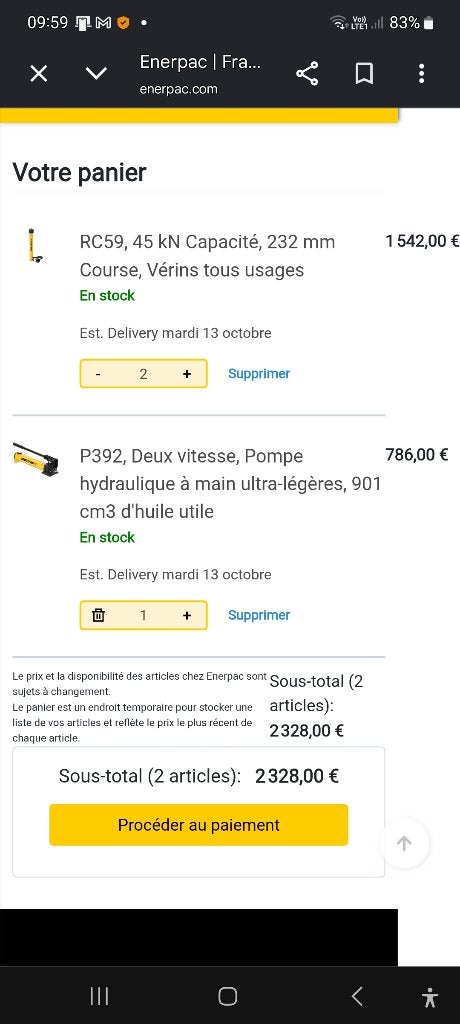 Vérins + pompe Enerpac, Articles professionnels, Enlèvement