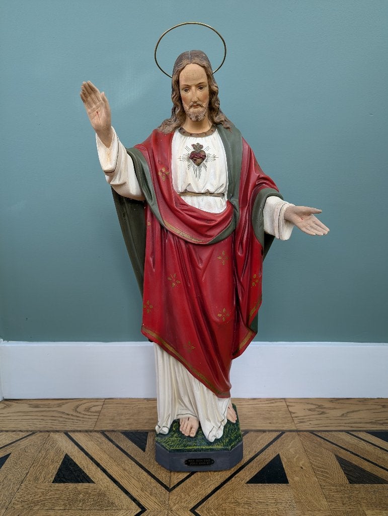 Groot oud Heilig Hartbeeld Jezus Christus - G.L.V. (67cm), Collections, Enlèvement, Utilisé, Image, Christianisme | Catholique