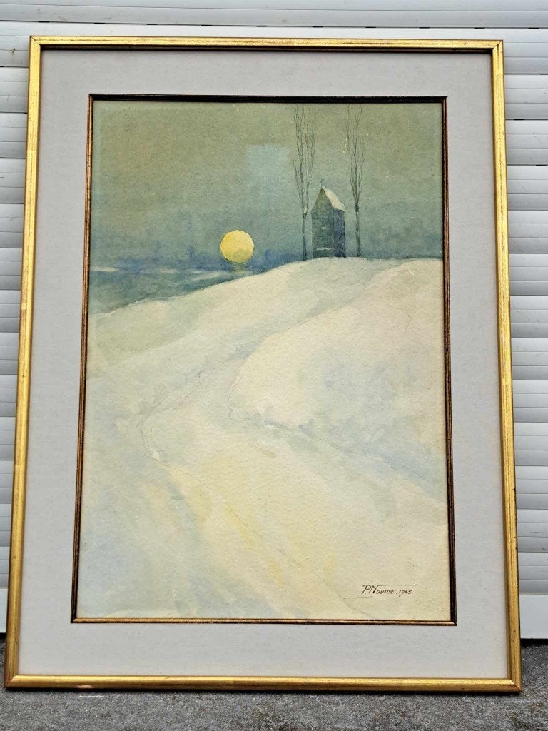 aquarelle paysage enneige signe nouille, Antiquités & Art, Enlèvement ou Envoi, Aquarelle, Paysage