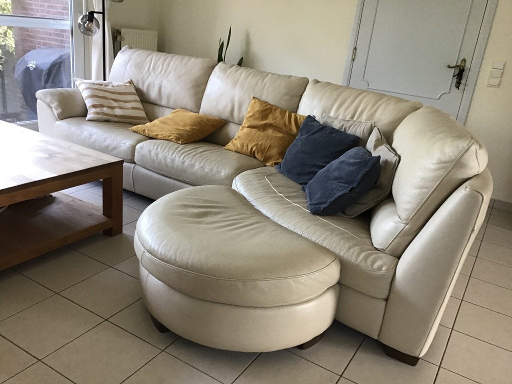 Hoeksalon met poef in leder, Ophalen, Gebruikt, Hoekbank, Leer