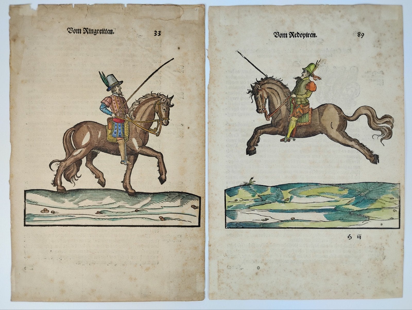 Rare 2 gravures 16 ème siècle en couleur traité d'équitation, Enlèvement ou Envoi, Avant 1940, Gravure, Utilisé