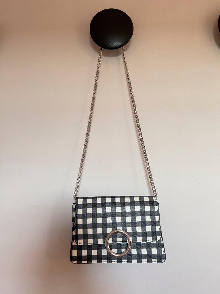 Mango gingham zwart-witte tas klep, schouderriem met ketting, Ophalen of Verzenden, Gebruikt, Zwart, Overige merken