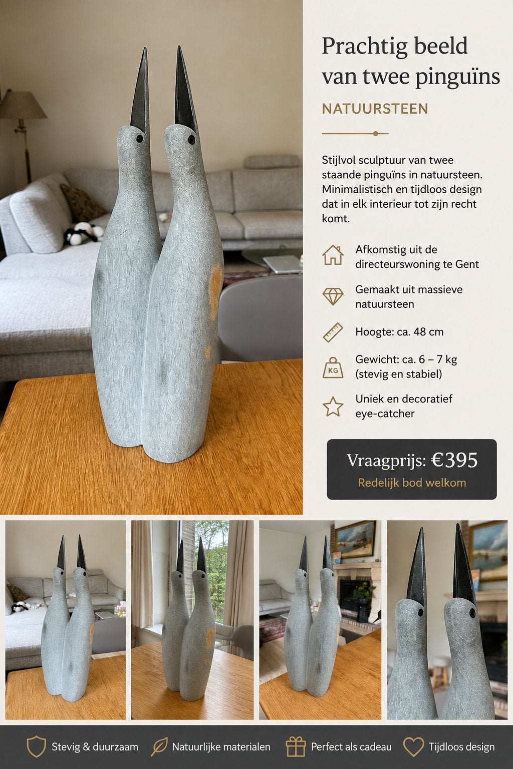 Paar sculpturale pinguïns in natuursteen, Ophalen of Verzenden