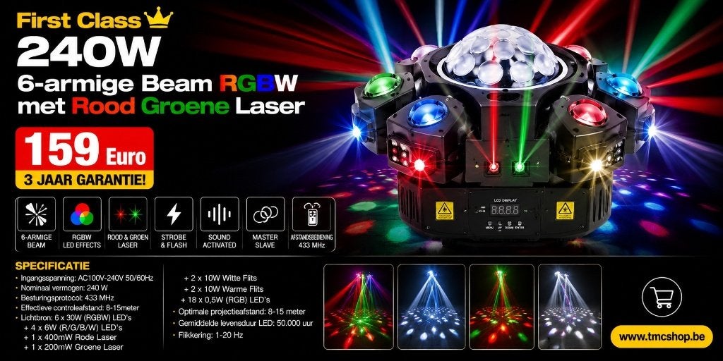 Faisceau RGBW à 6 bras de 240 W avec laser rouge-vert, Contacts & Messages