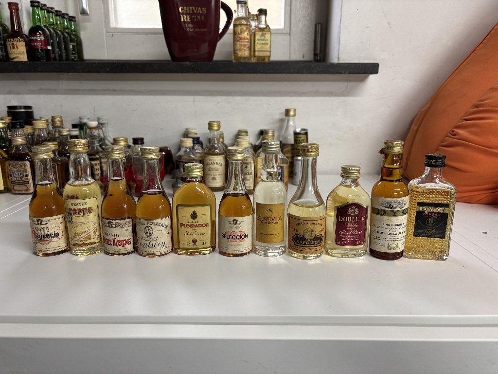 Lot van 11 Vintage Spaanse Brandy's & Whisky miniaturen, Ophalen of Verzenden, Gebruikt