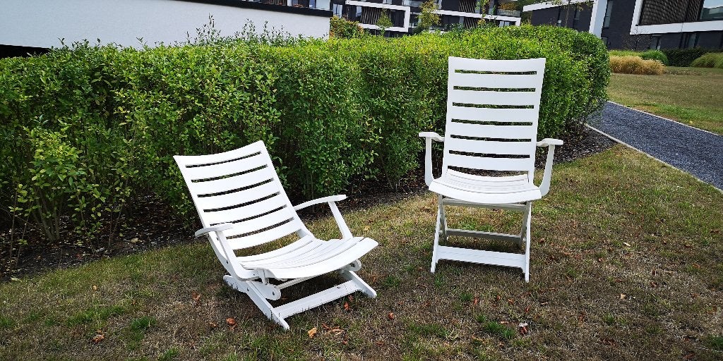 2 witte verstelbare tuinstoelen - Kunststof, Jardin & Terrasse, Chaises de jardin, Enlèvement, Utilisé, Synthétique, Pliant