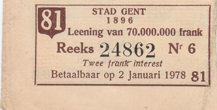 STAD GENT 1896 81 LEENING VAN 70.000.000 FRANK REEKS 24862, Postzegels en Munten, Aandelen en Waardepapieren, Ophalen of Verzenden