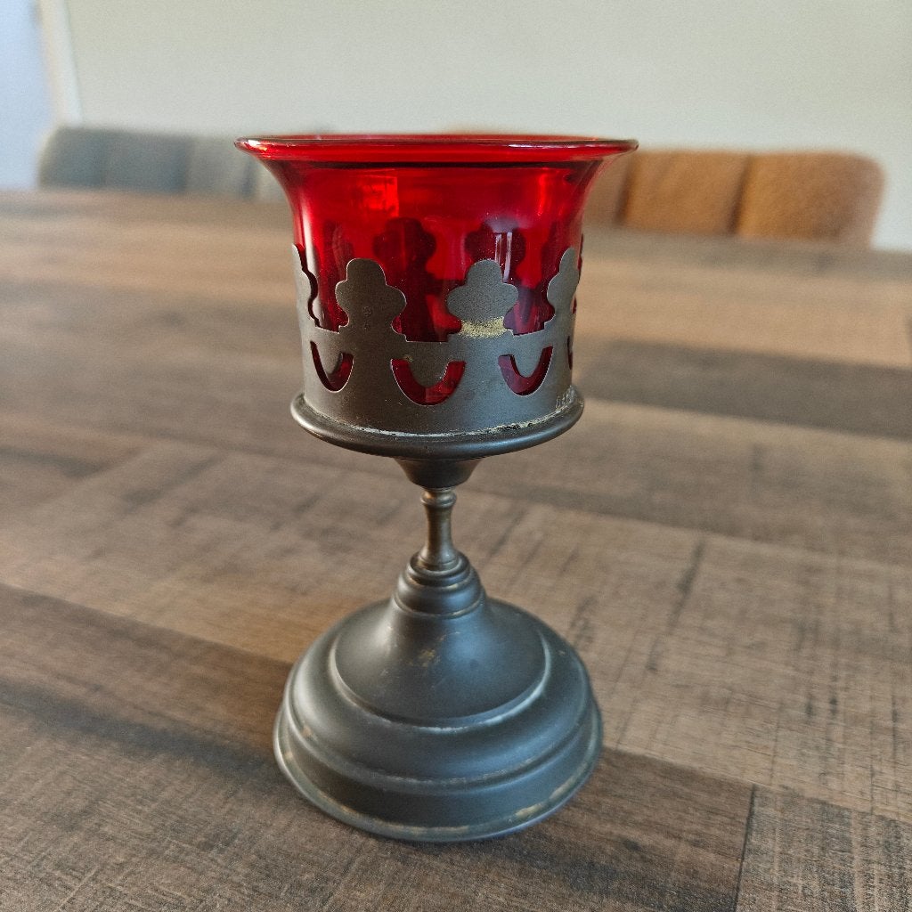 Kandelaar van messing en rood glas., Antiek en Kunst, Ophalen, Glas