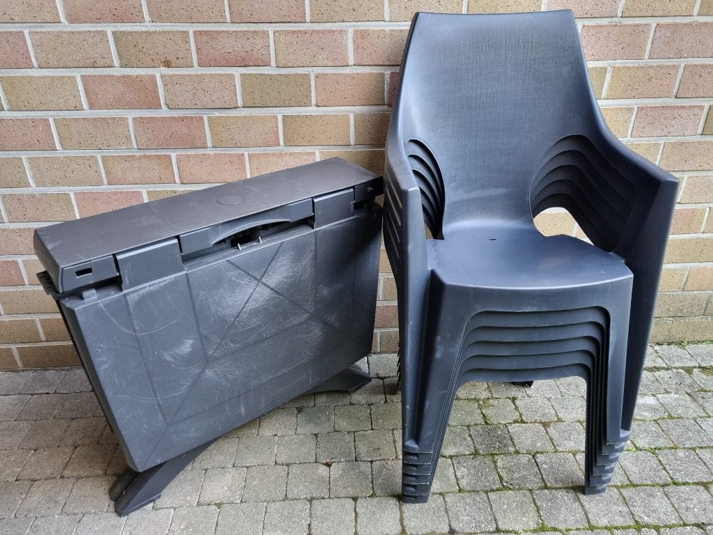 tuinset: plooitafel + 6 kuipstoelen, Ophalen, Kunststof, Gebruikt, 6 zitplaatsen