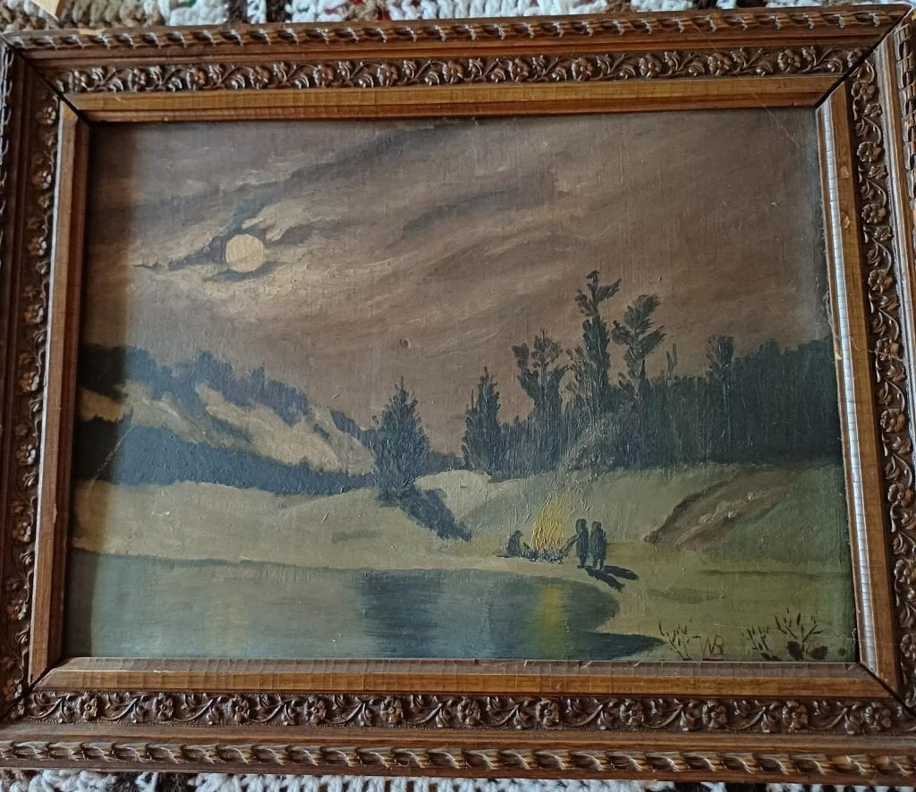 Tableau ancien – Paysage nocturne au clair de lune, Signé, Peinture à l'huile, Panneau, Paysage