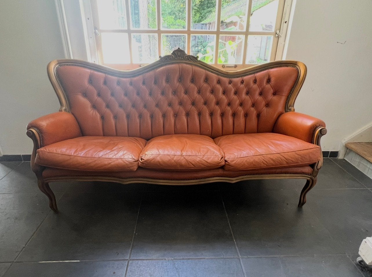 vintage leren bank 186 cm – cognac, rococo/Louis XV stijl, Ophalen, Gebruikt, Leer