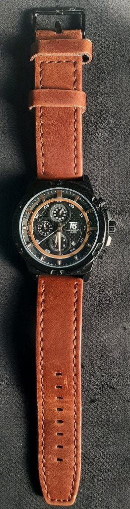 Stoere T5 Chrono Heren horloge / uurwerk met Lederen Band, Ophalen of Verzenden