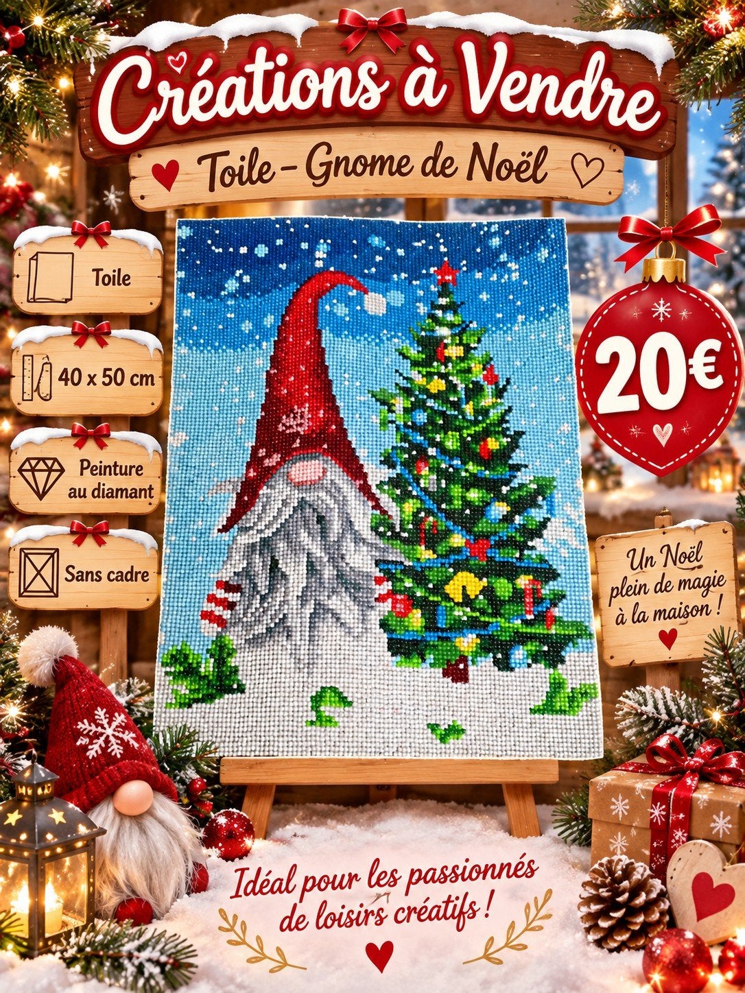 Frameloze Diamond Painting Christmas Gnome Canvas, Hobby en Vrije tijd, Ophalen of Verzenden, Zo goed als nieuw, Overige typen