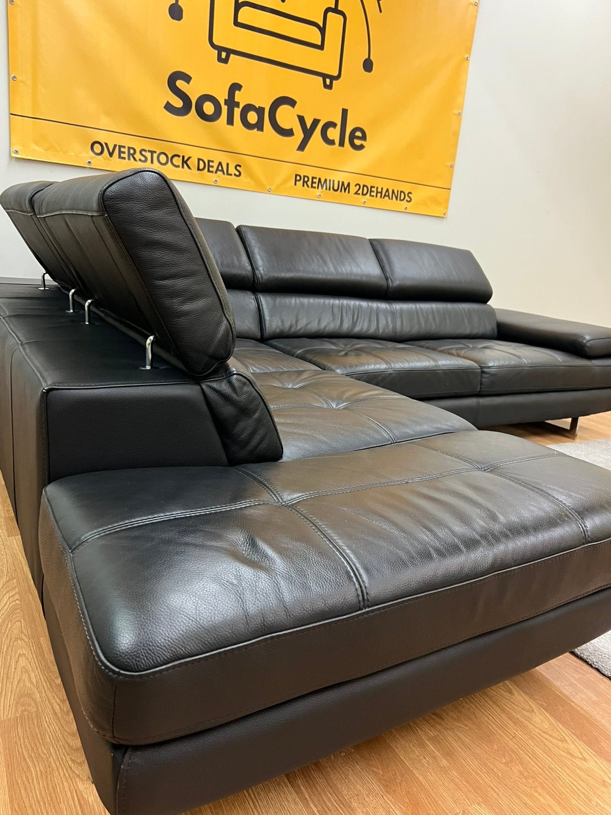 Siège d'angle noir -Cuir véritable - Appuie-têtes modulaires, Enlèvement ou Envoi, Comme neuf, SofaCycle, Info@sofacycle.be