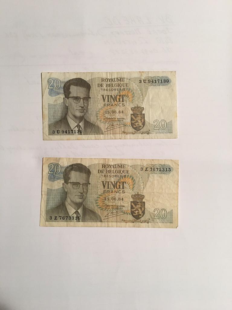 Vintage 20 frank biljetten uit 1964(2 stuks), Postzegels en Munten, Ophalen of Verzenden