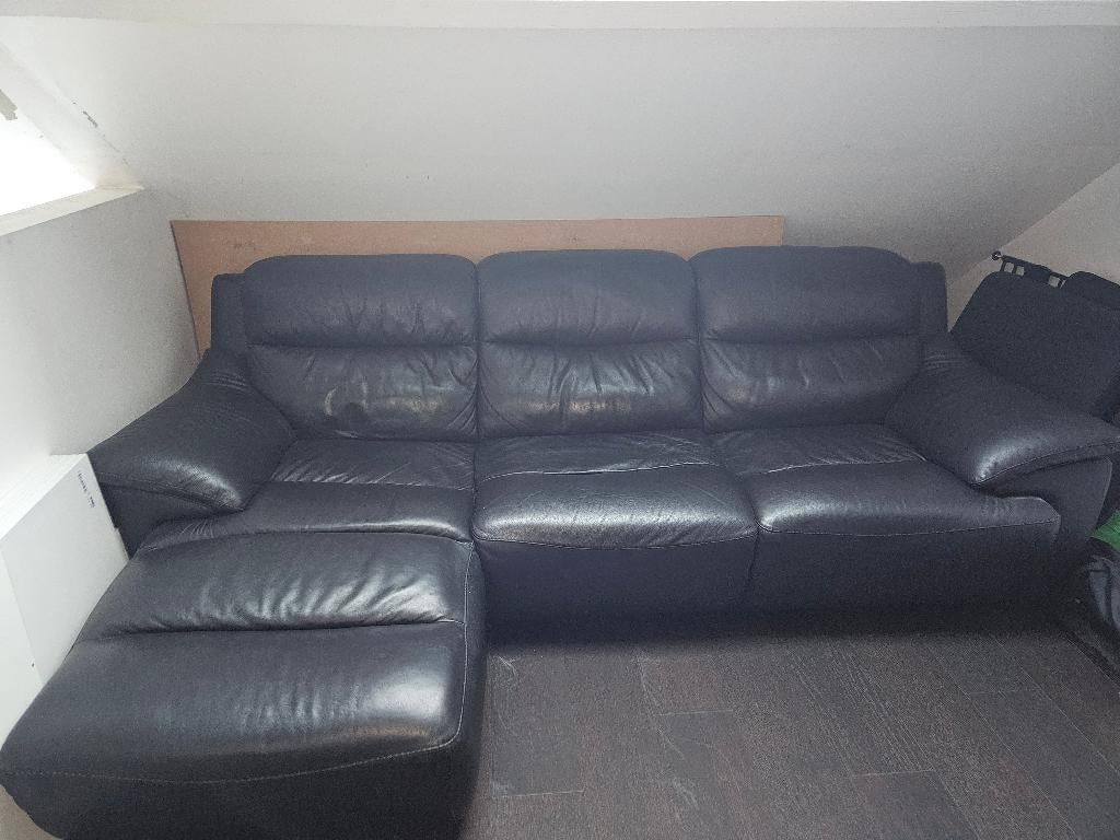 Zwarte lederen zetel met chaise longue, Enlèvement, Comme neuf, Trois personnes, Cuir