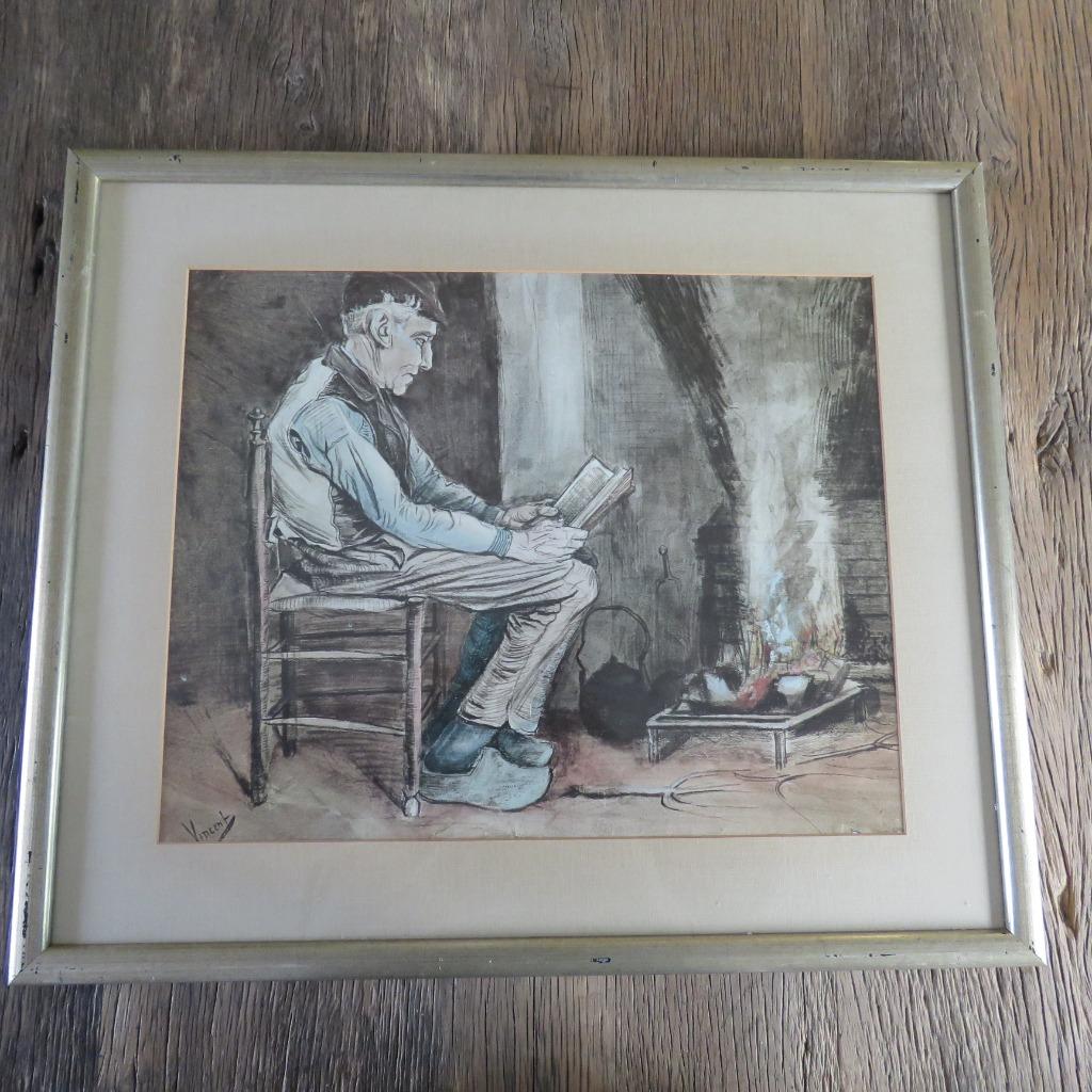 Homme lisant près de la cheminée Impression artistique de Vi, Enlèvement ou Envoi