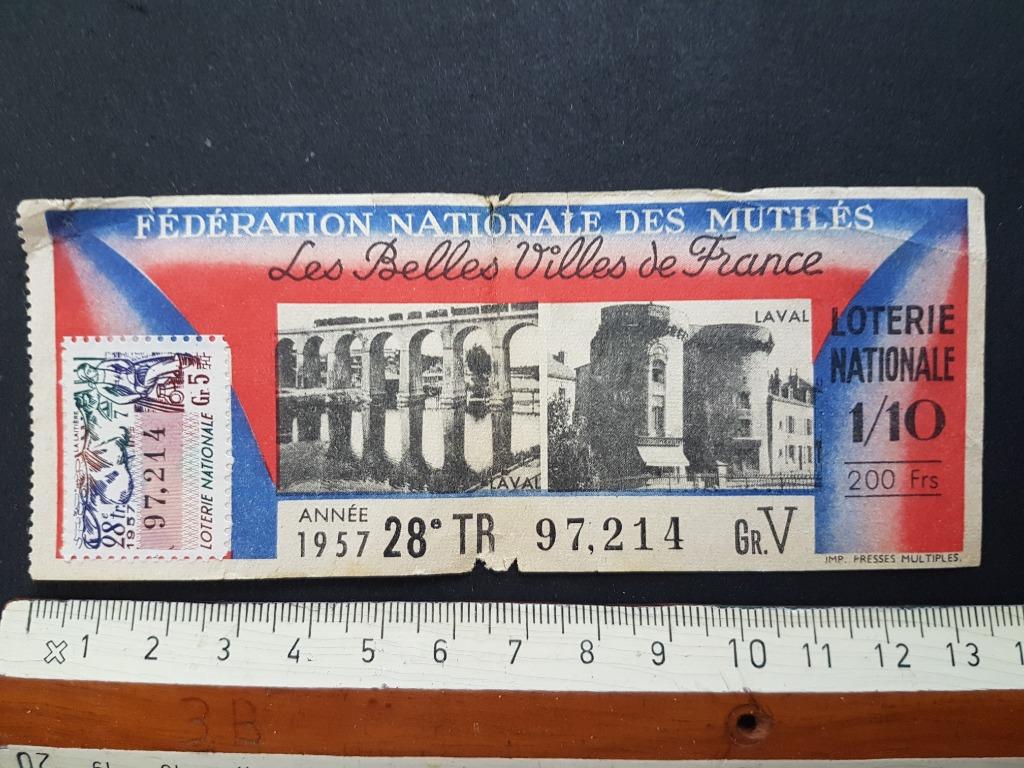 Loterie Nationale Biljet 1957 Laval Belles villes de France, Collections, Enlèvement ou Envoi, Utilisé