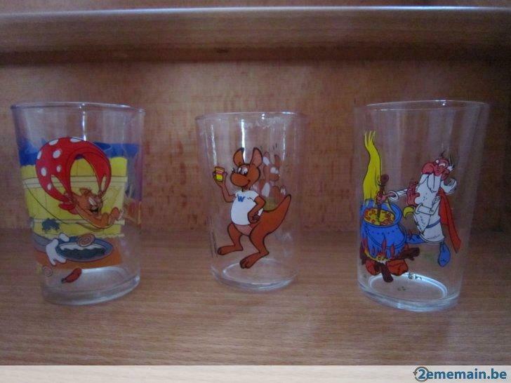 3 verres : Tom et Jerry, Astérix (druide), walibi, Gebruikt, Glas of Glazen