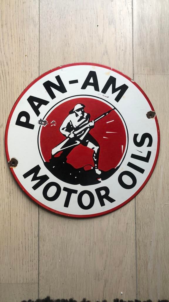 Reclamebord Pan-Am motor oils. Emaille., Ophalen, Zo goed als nieuw, Reclamebord