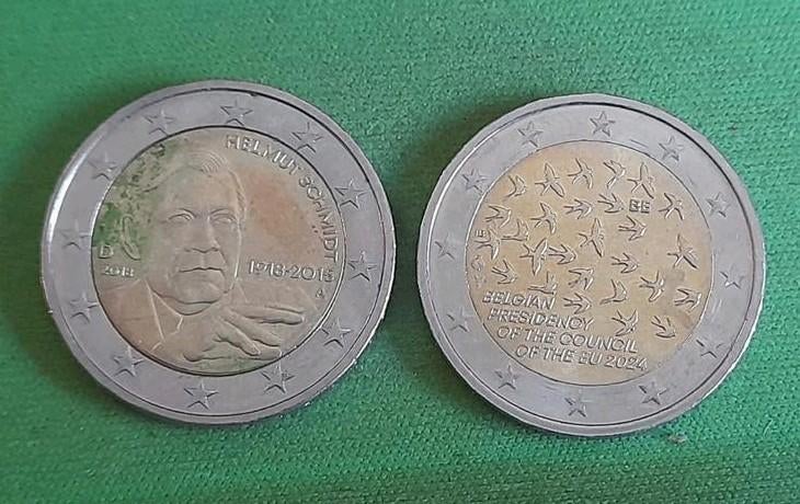 2 x 2 euro, Belgisch voorzitterschap/ Helmut schmidt, Ophalen of Verzenden, België, 2 euro, Losse munt