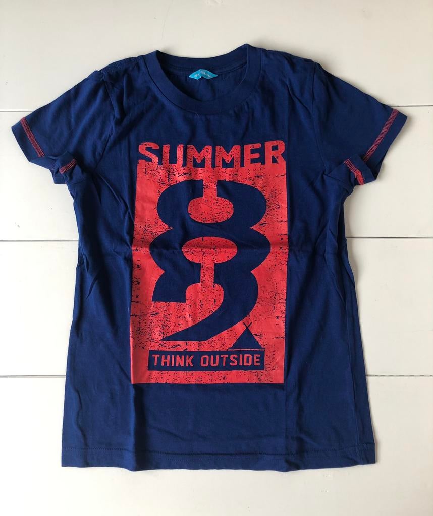 blauw t-shirt Hema 134 140 print Summer 82 Camp Outside, Gebruikt, Ophalen of Verzenden, Shirt of Longsleeve, Hema