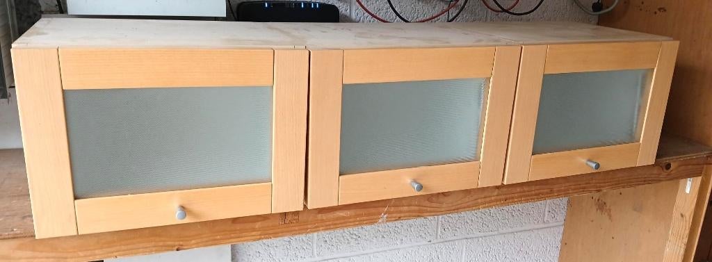 Grenen vitrine-hangkastjes (set 3 stuks), Huis en Inrichting, Kasten | Vitrinekasten, Ophalen, Zo goed als nieuw