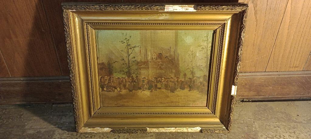 Ancienne huile sur toile scène de village,signée,45x37,n607, Enlèvement ou Envoi, Classique, Toile